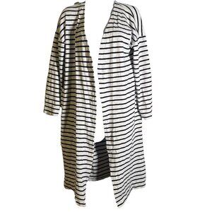 J. Jill Open Front Duster Cardigan Sz M Petite White Navy Nautical Stripe Slub